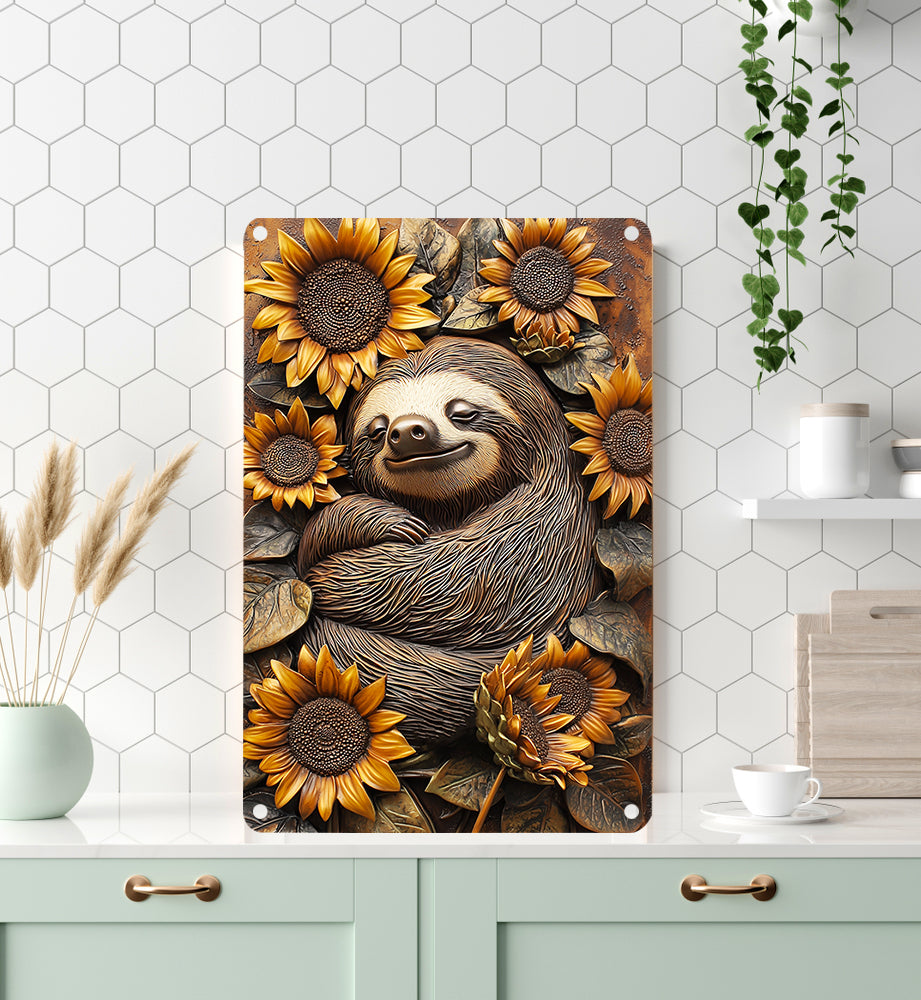 Shineful 2D Metal Sign Sleeping Sloth With Sunflower