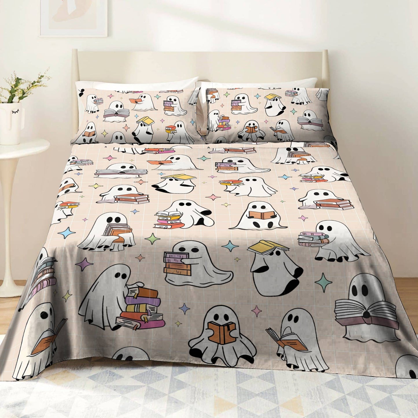 Shineful 4-Piece Bed Sheet Set Ghost Reading