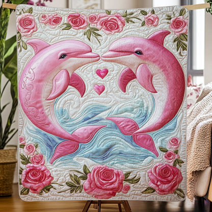 Shineful Flat Print Faux Quilt Blanket - Two Pink Dolphins in Love with Hearts and Roses