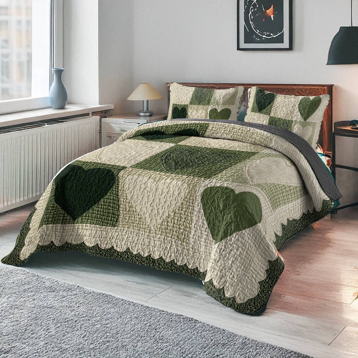 Shineful All Season Quilt 3-Piece Set - Sage Hearts Serenity