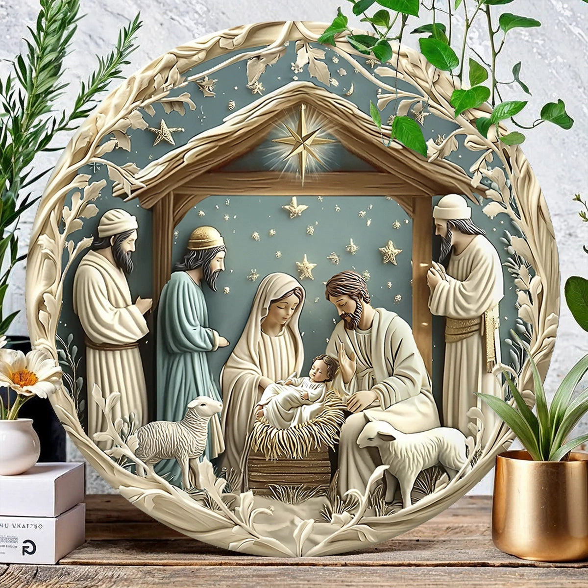 Shineful 2D Wooden Plaque, Hanging Decor, Door Sign - Starry Night Adoration Nativity