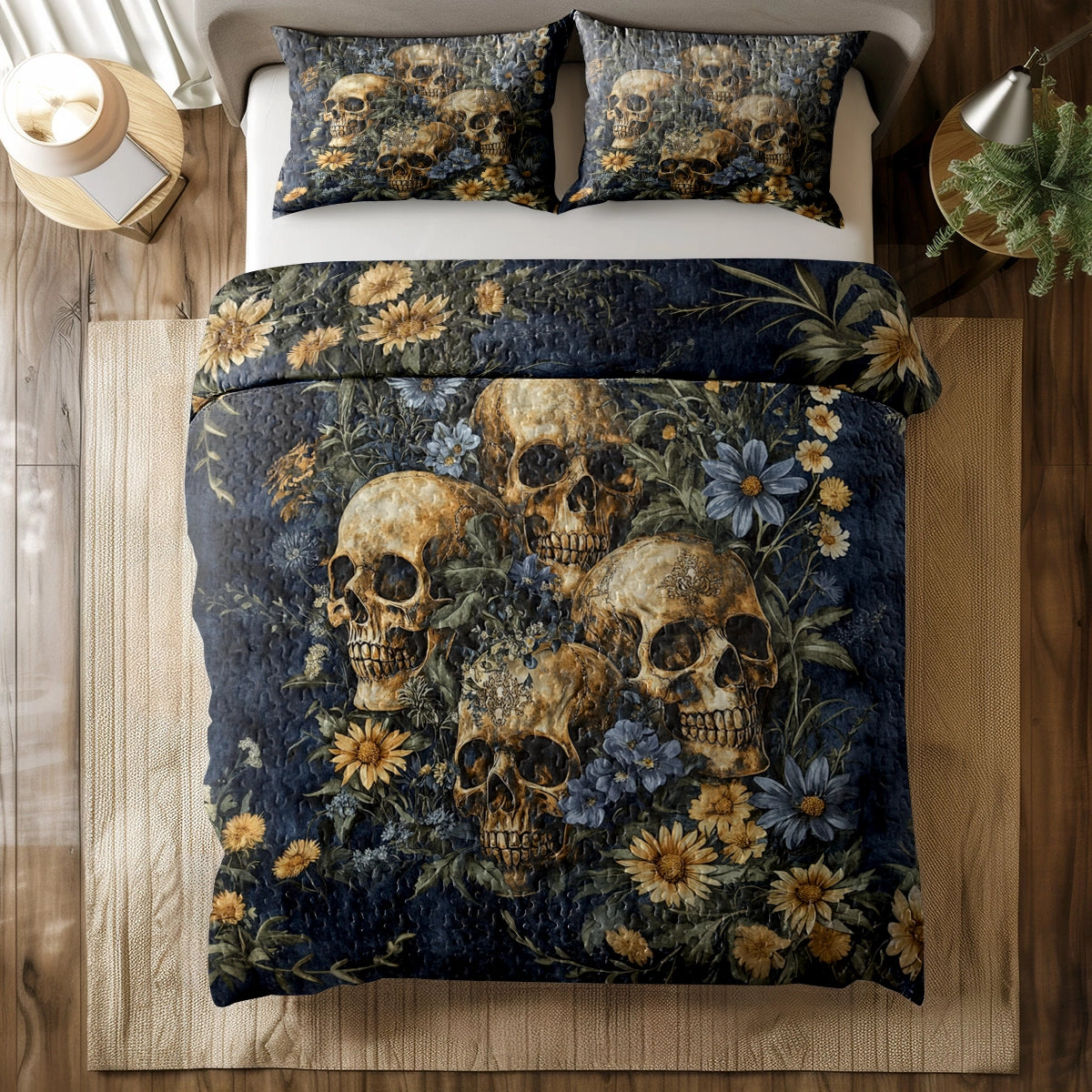 Shineful All Season Quilt 3-teiliges Set - Golden Bloom Skull