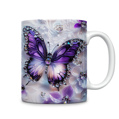 Tasse en céramique brillante et élégante avec papillon violet en cristal