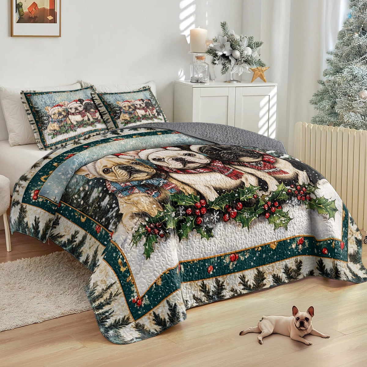 Shineful All Season Quilt 3-Piece Set - Santa's Little Frenchies