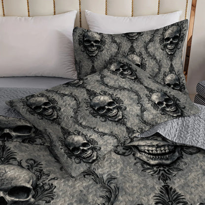 Shineful All Season Quilt 3-Piece Set - Dark Skull Damask