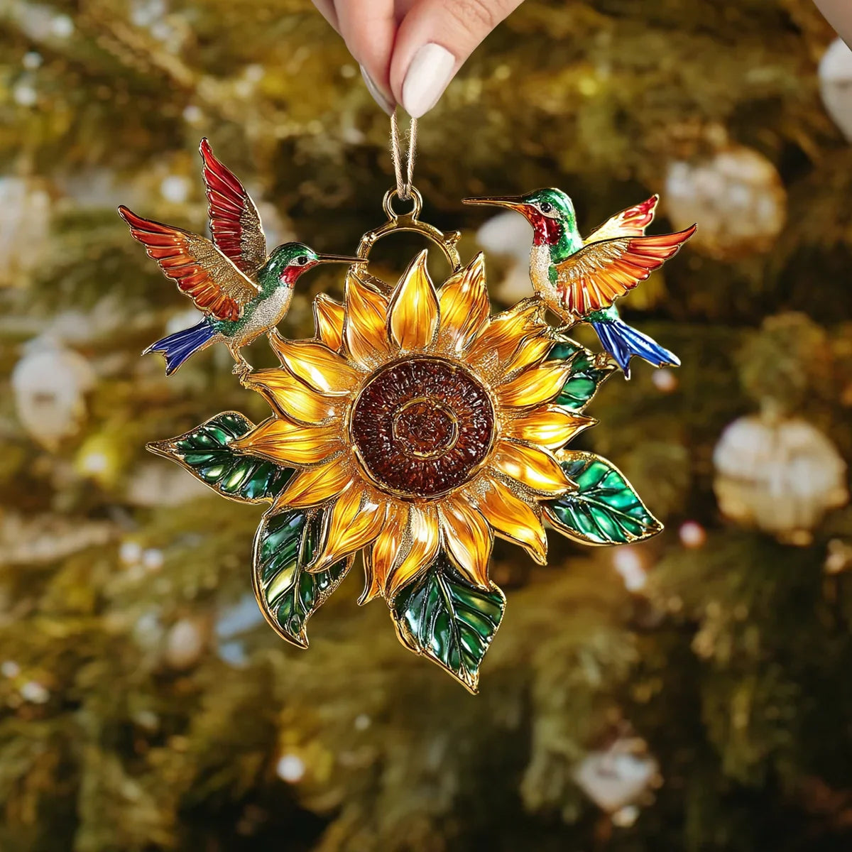 Shineful 2D Acrylic Ornament Golden Sunflower & Hummingbird Harmony