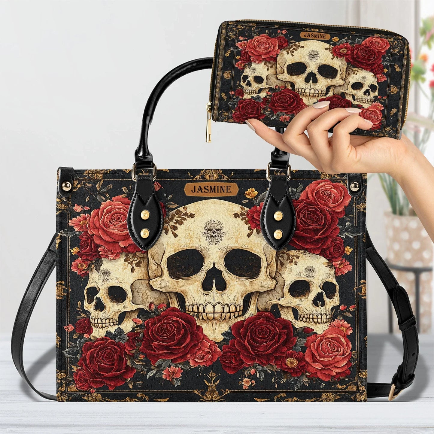 Glänzende Ledertasche Skull And Roses Luxe