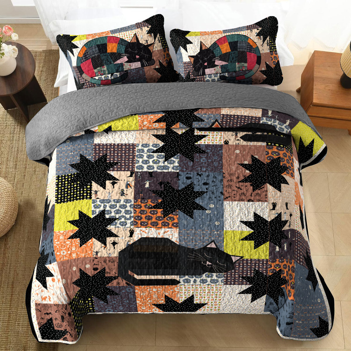 Shineful All Season Quilt 3-Piece Set Star Blocks Sleeping Black Cats