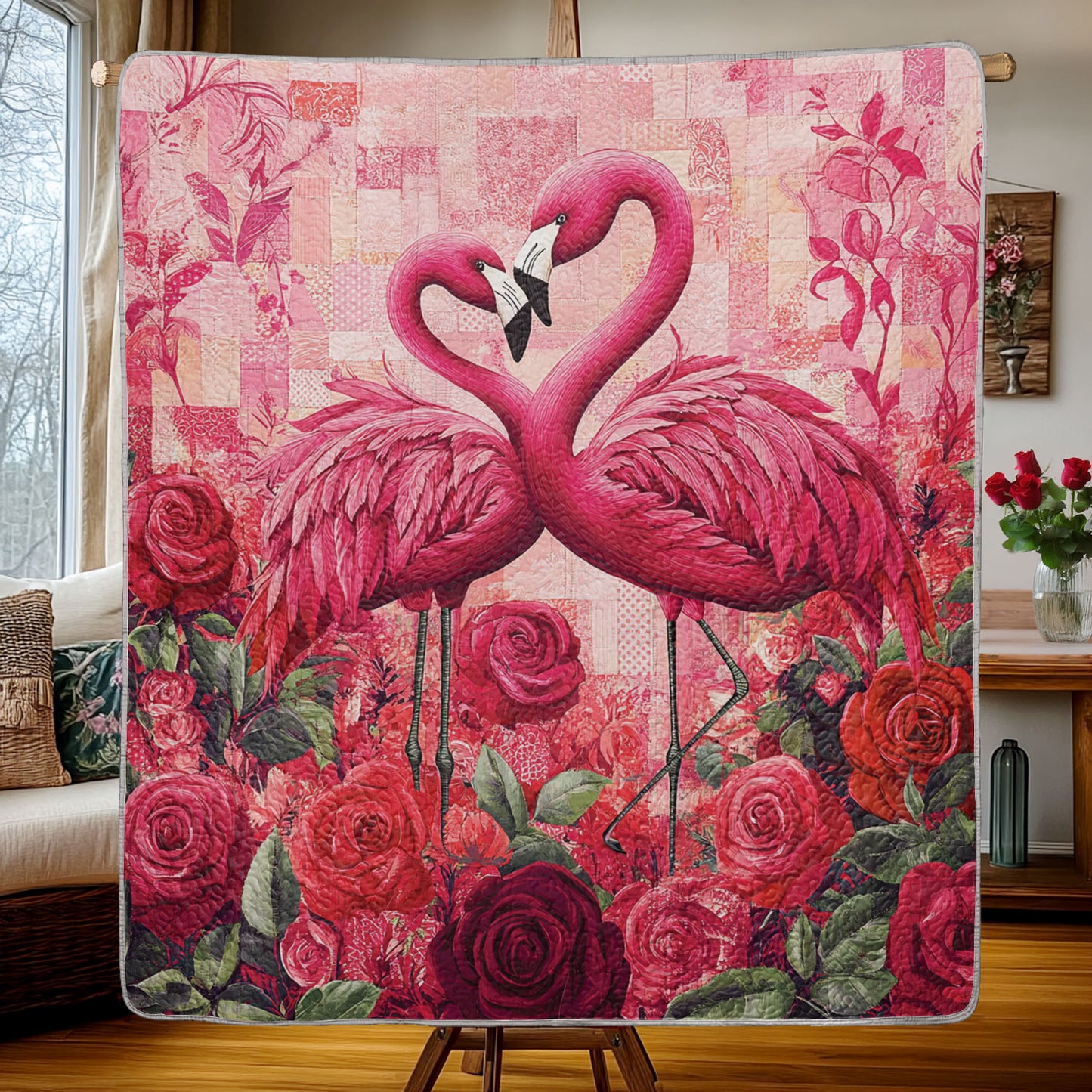 Shineful Flat Print Faux Quilt Blanket Romantic Flamingo