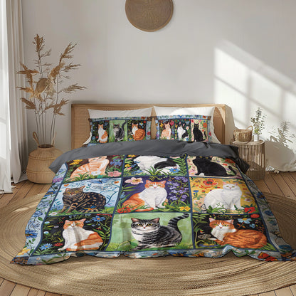 Shineful 3 Pieces Duvet Cover Set Cat Floral Felines