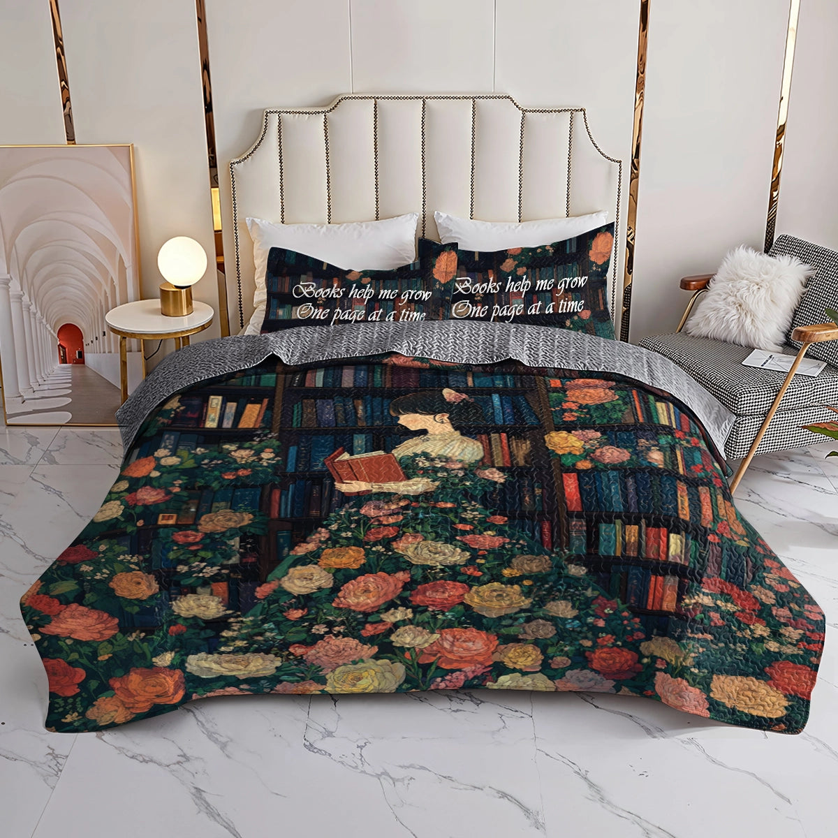 Shineful All Season Quilt 3-Piece Set Reading Literary Garden