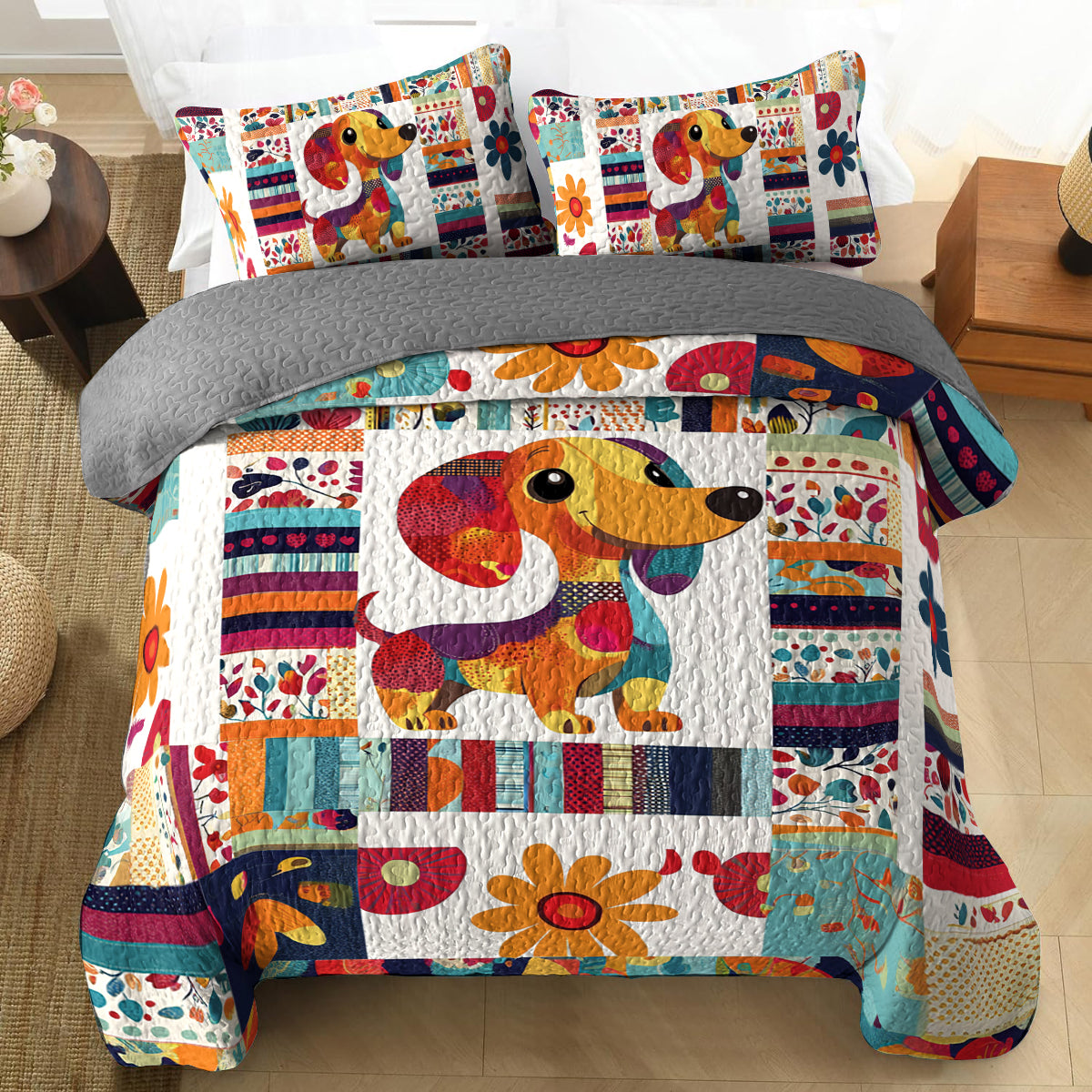 Shineful All Season Quilt 3-Piece Set Cheerful Dachshund