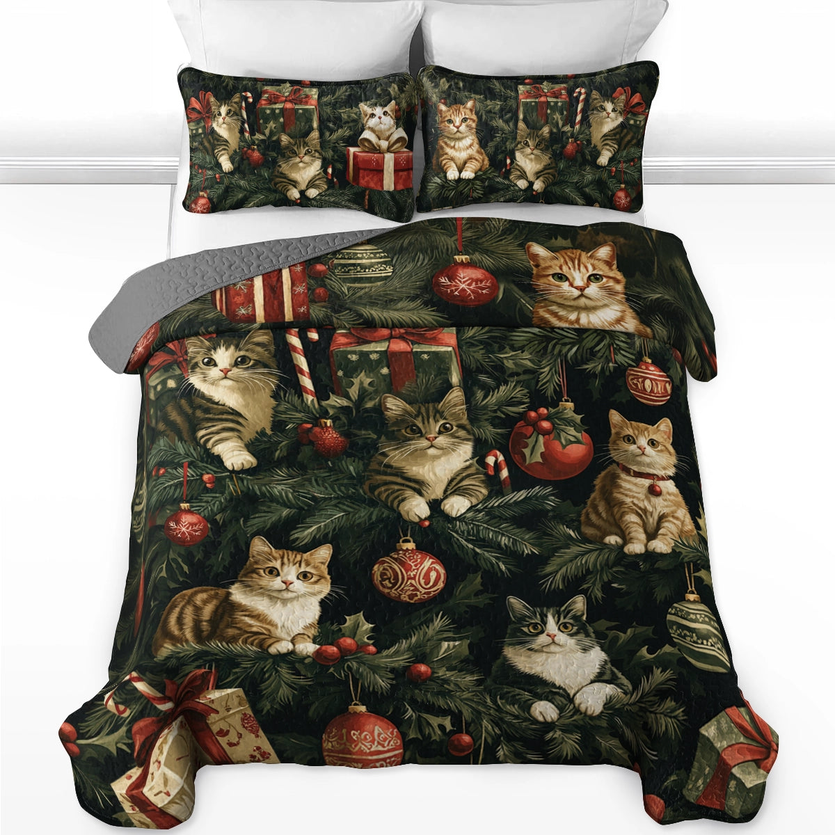 Shineful All Season Quilt 3-Piece Set Meowy Christmas Tree