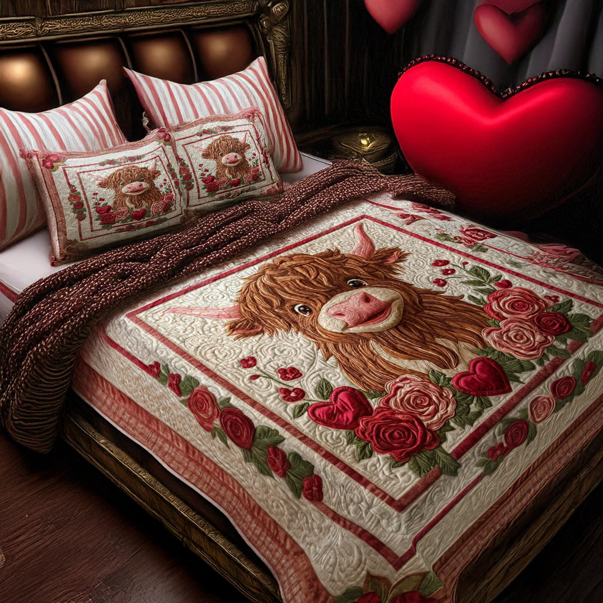 Shineful All Season Quilt 3-teiliges Set Cozy Valentine's Highland Cow