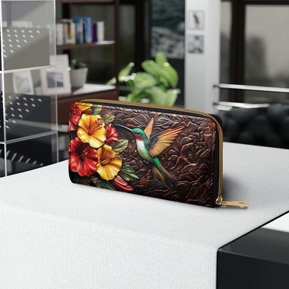 Shineful Leather Clutch Purse With Wristlet Strap Handle Hummingbird Blossom