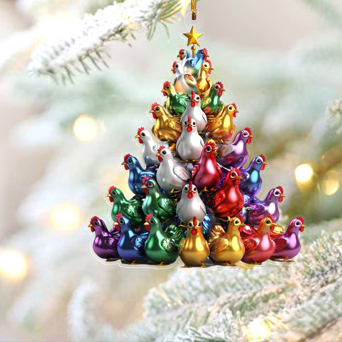 Glänzendes 2D Acryl Ornament Bunte Hühner Weihnachtsbaum