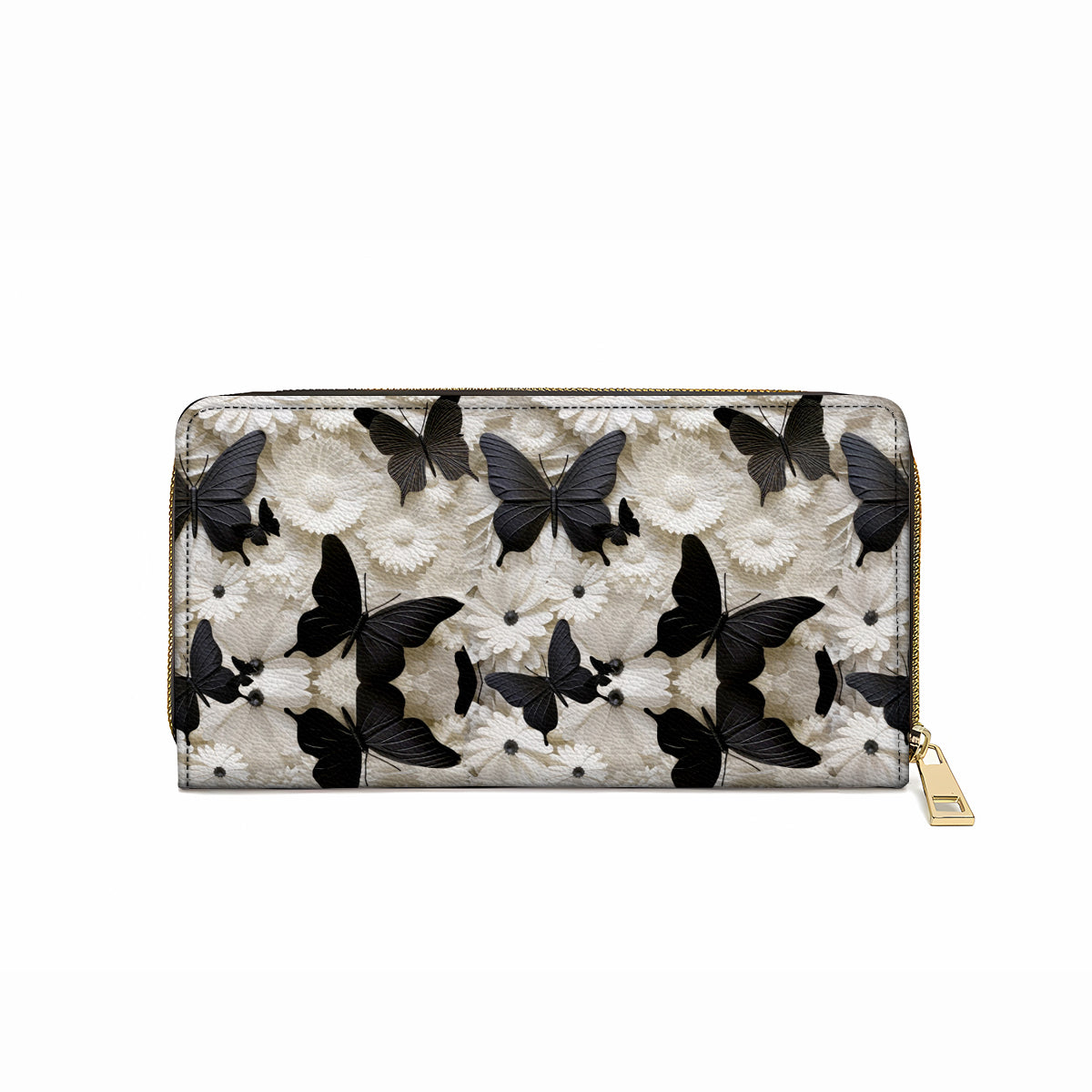 Pochette en cuir brillant avec dragonne et papillon noir