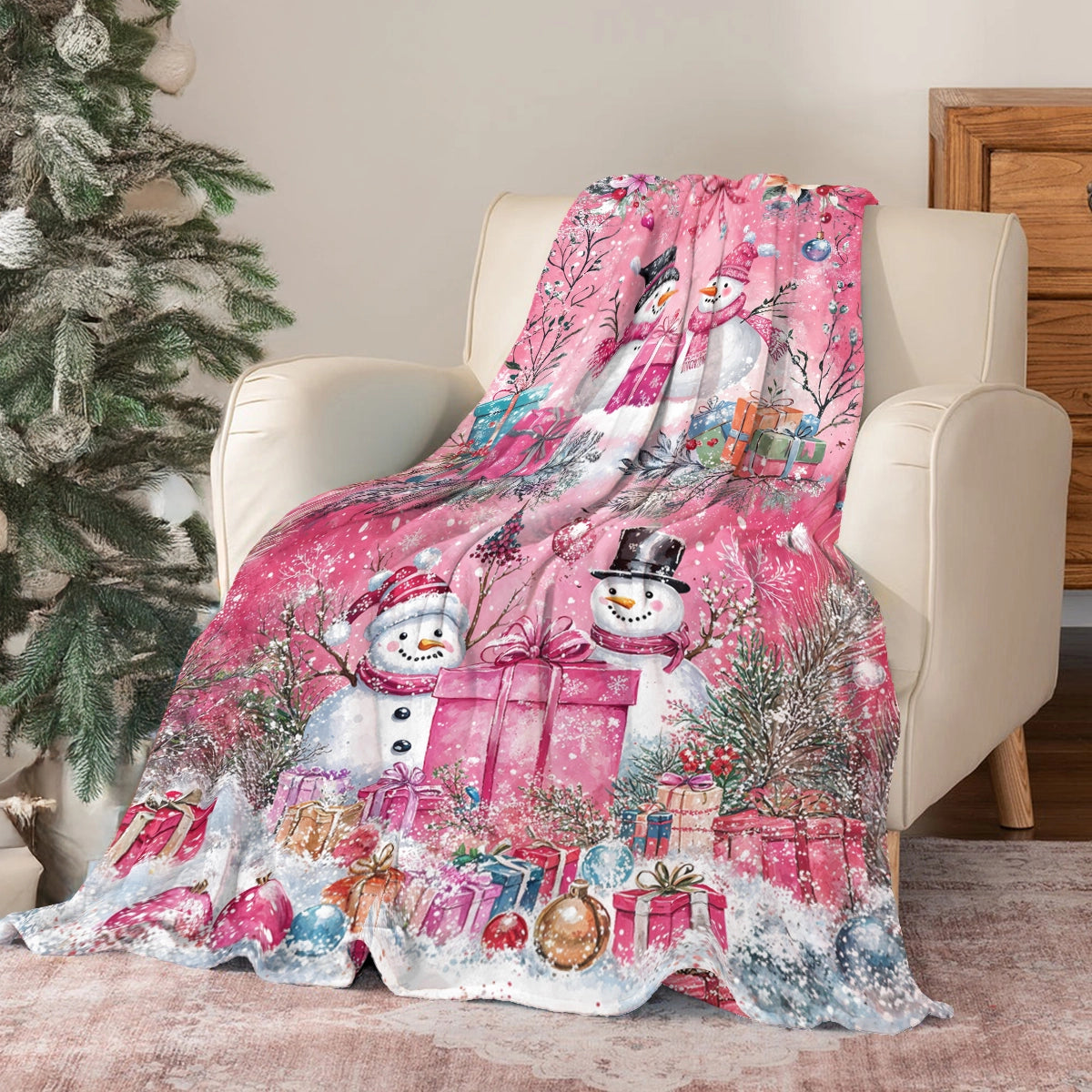 Shineful Fleece Blanket Pink Snowman Christmas