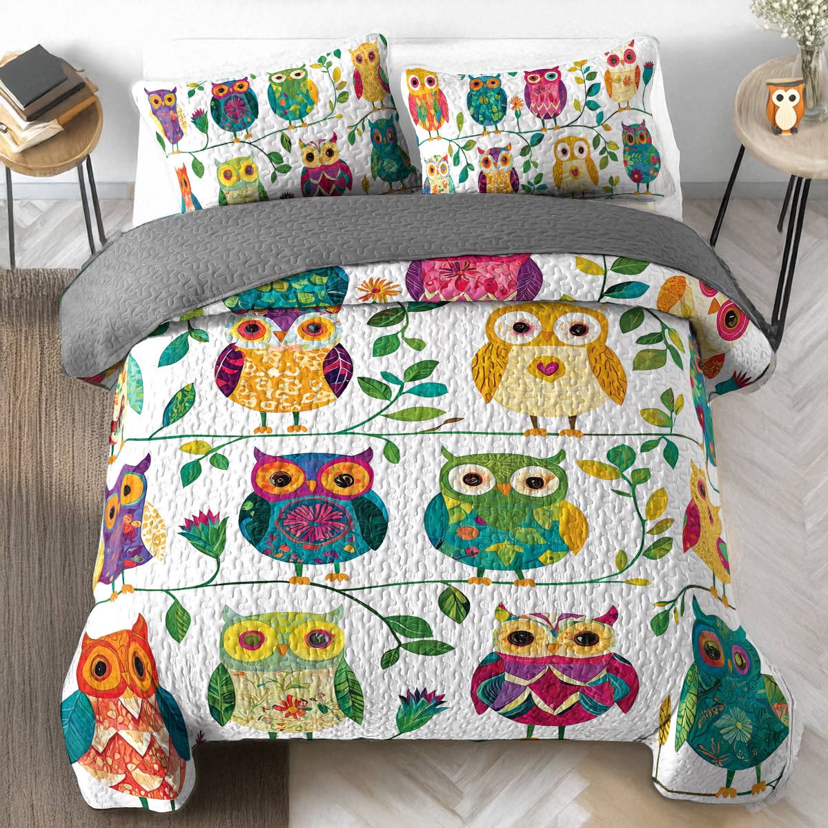 Ensemble de courtepointe toutes saisons Shineful 3 pièces - Whimsical Owl Garden 