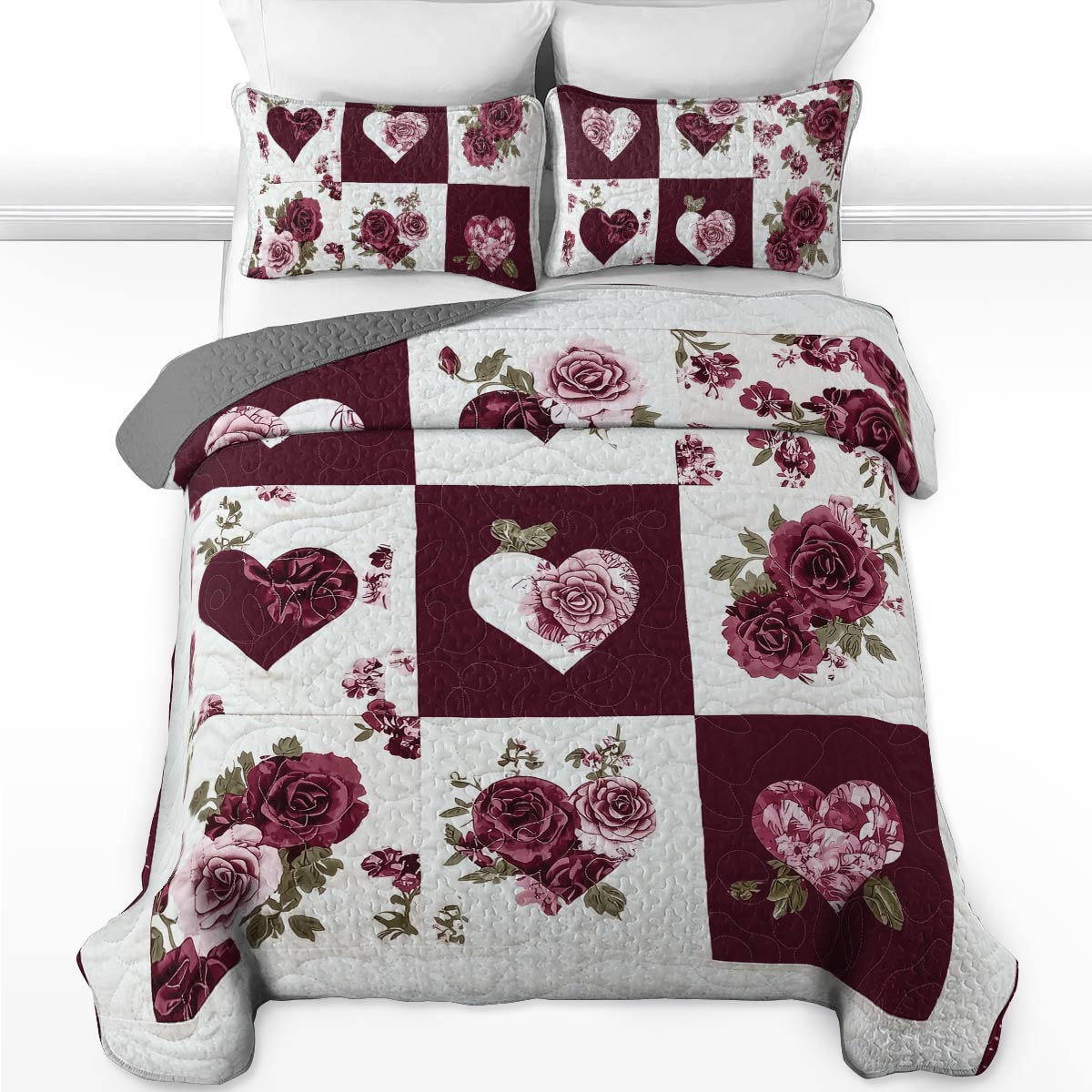 Shineful All Season Quilt 3-Piece Set - Hearts & Roses Elegance