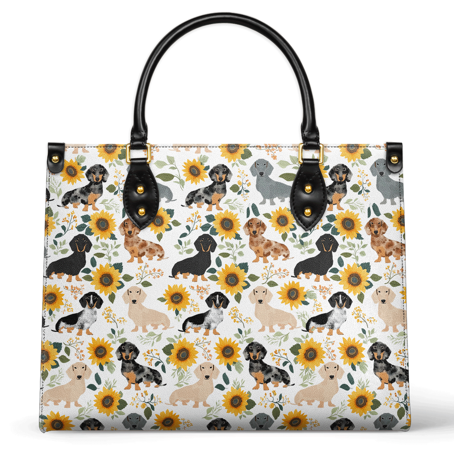 Glänzende Ledertasche Dackel &amp; Sonnenblumen