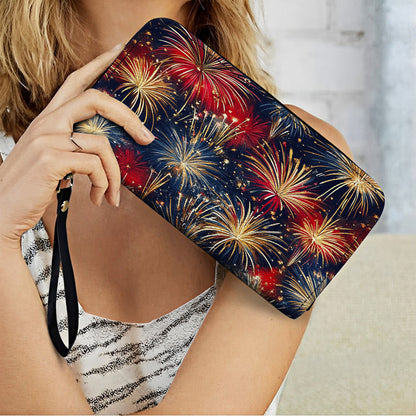 Pochette en cuir brillante avec dragonne et poignée Firework Glam