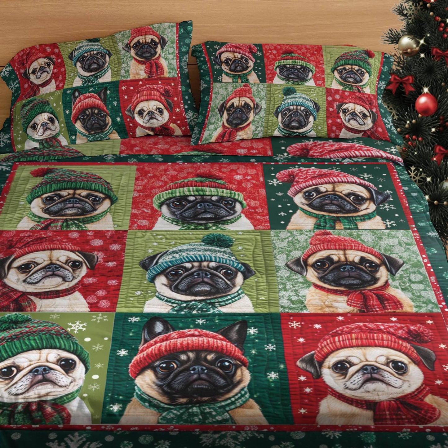 Shineful 4-Piece Bed Sheet Set Festive Puggy Christmas