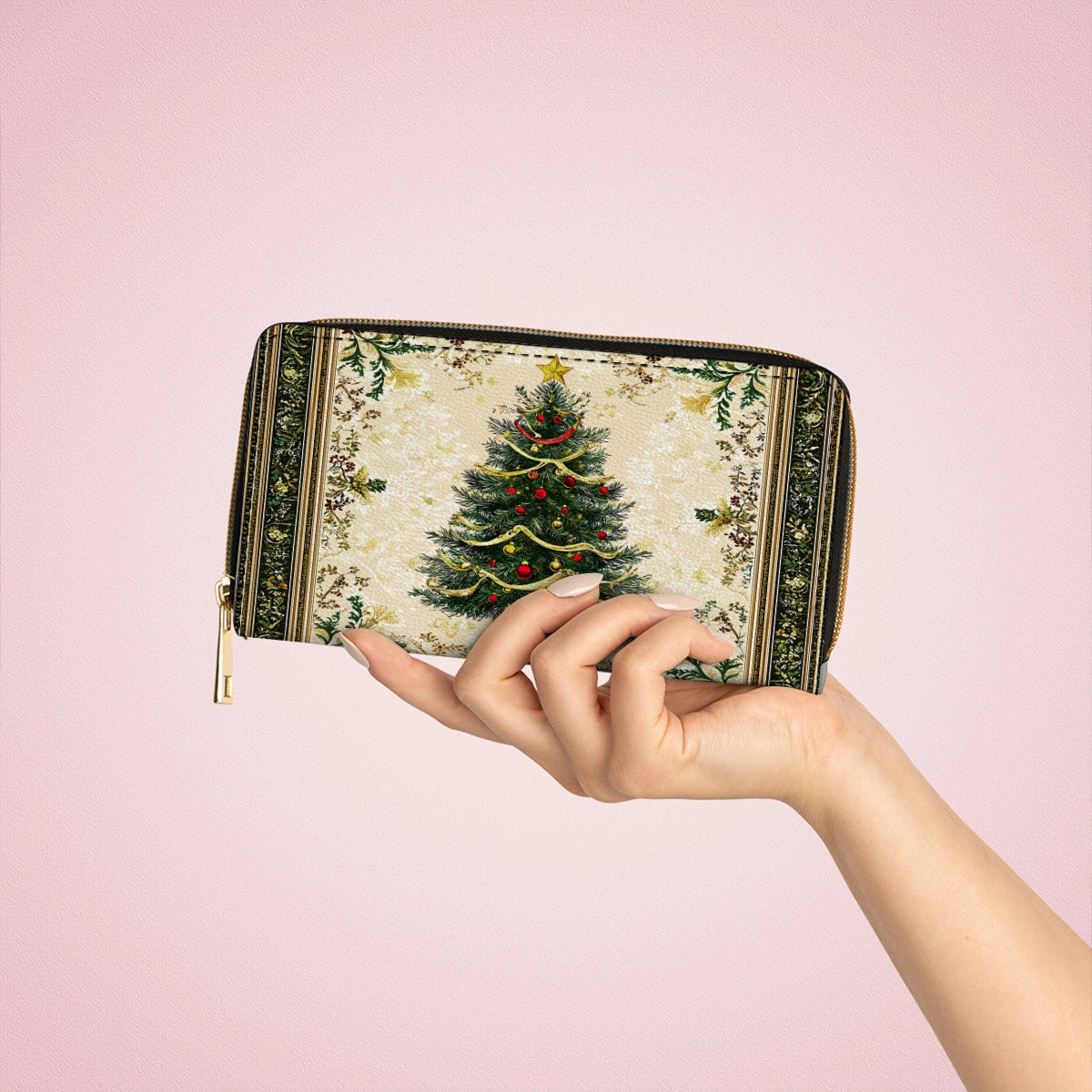 Glänzende Clutch aus Leder mit Trageriemen und klassischem Weihnachtsbaum