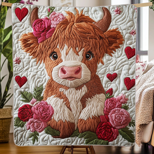 Shineful Flat Print Faux Quilt Blanket -  Adorable Highland Cow with Floral Charm and Love Hearts