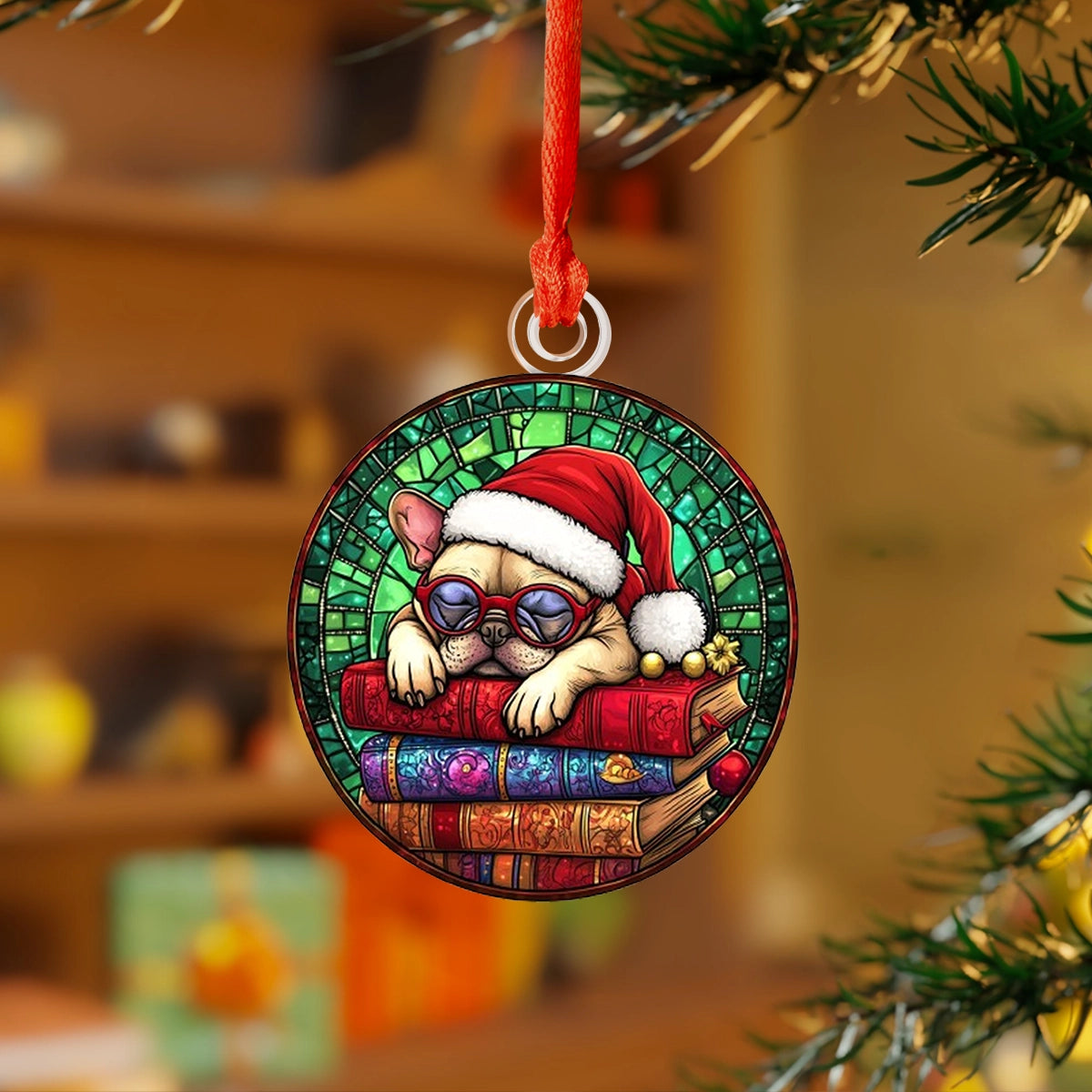 Shineful 2D Acrylic Ornament - Frenchie Holiday Bookworm