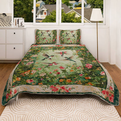 Shineful All Season Quilt 3-Piece Set - Hummingbird Emerald Dance