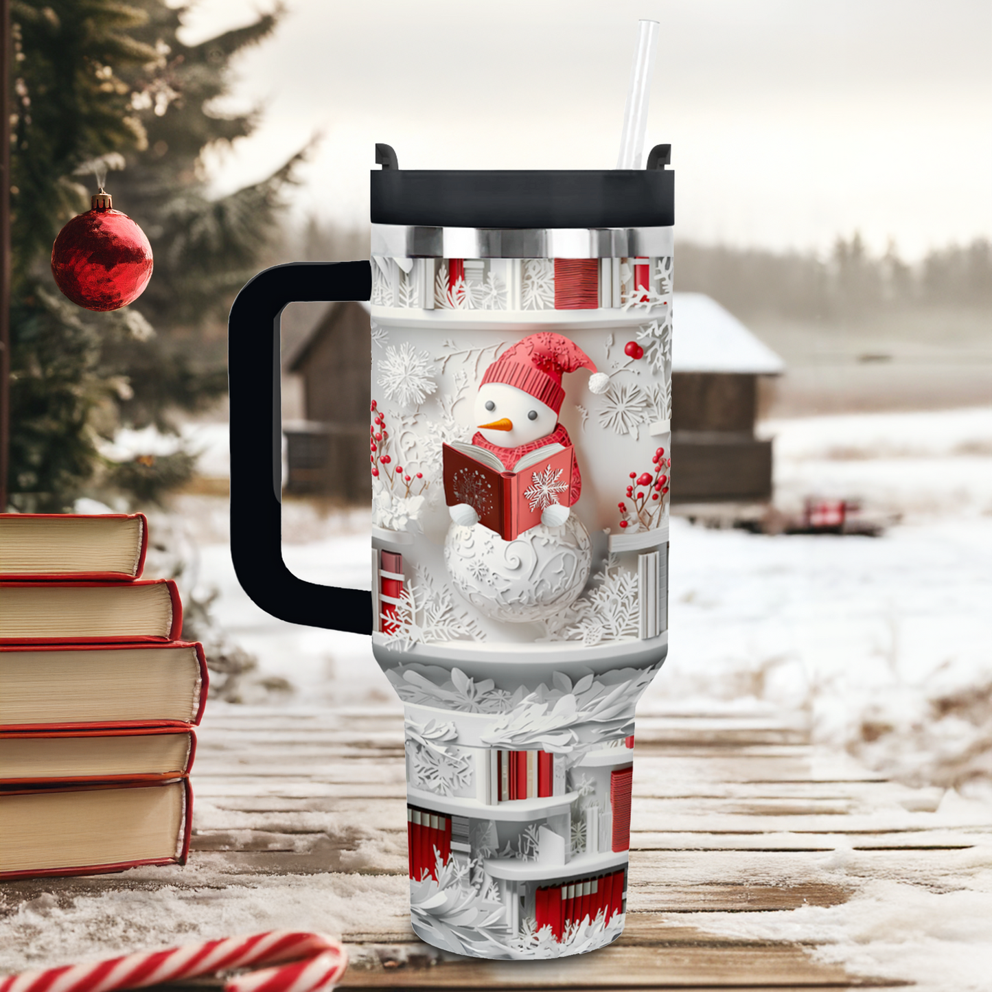 Shineful Tumbler Whimsical Snowman Book Lover