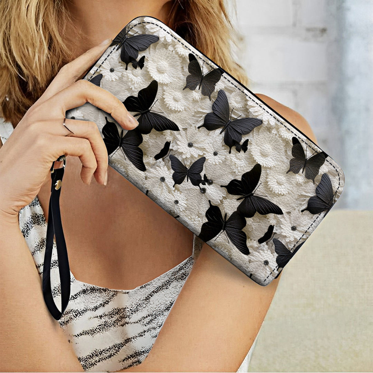 Shineful Leather Clutch Purse With Wristlet Strap Handle Black Butterfly