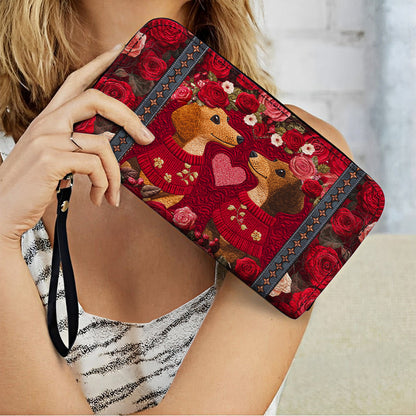 Shineful Leather Clutch Purse With Wristlet Strap Handle Heart Floral Dachshund Couple