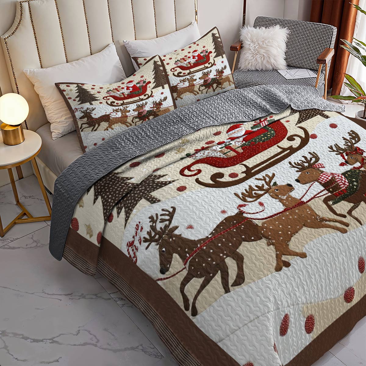 Shineful Flat Print Quilt 3-Piece Set Cozy Santa Claus With Reindeer Pulling His Sleigh Full Of Gifts