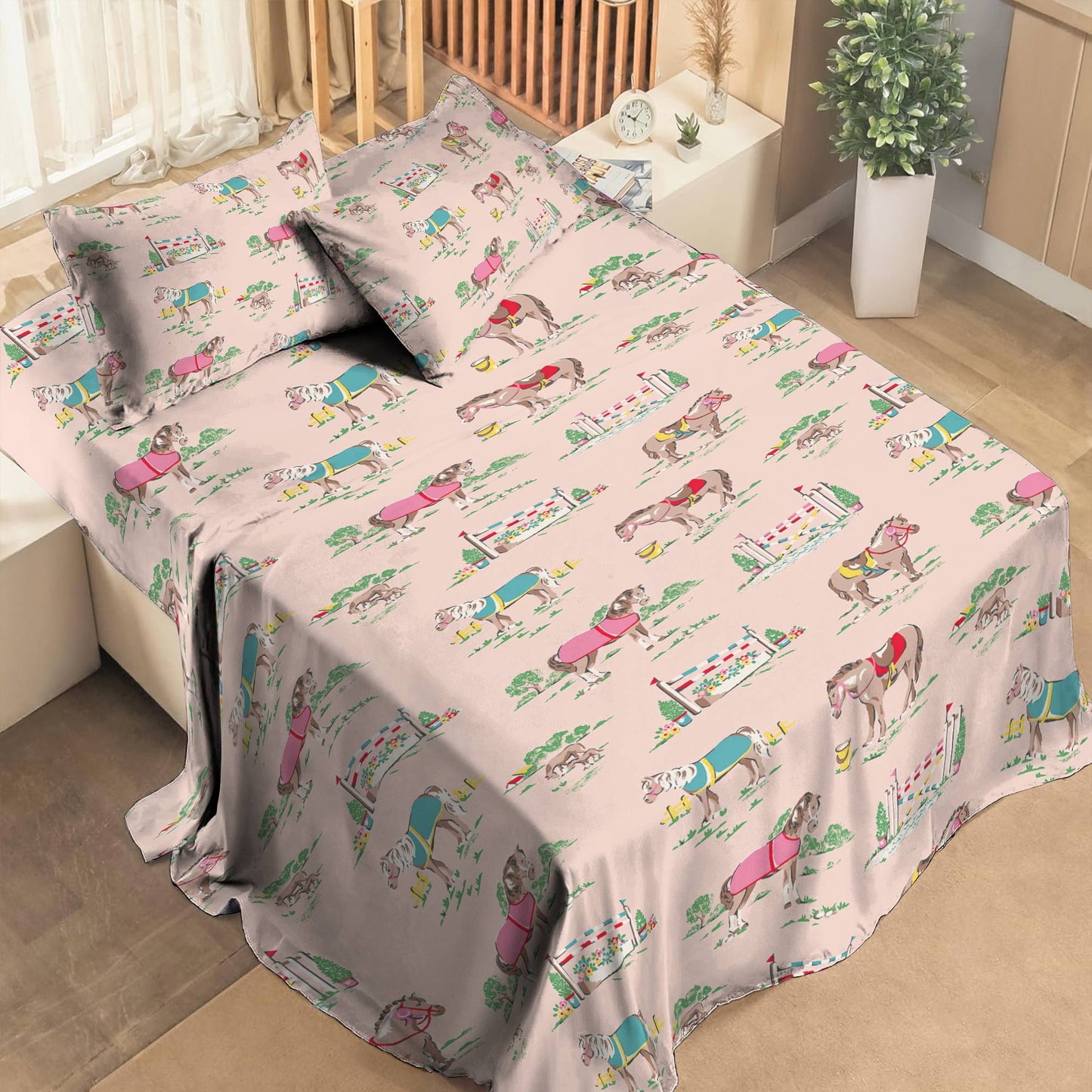 Shineful 4-Piece Bed Sheet Set Horse Racing