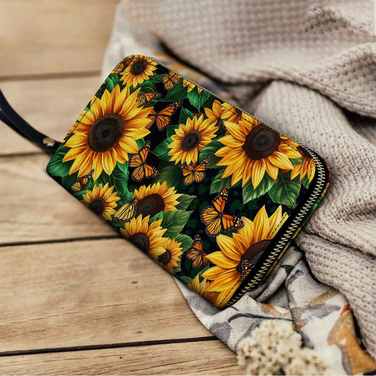 Shineful Leather Clutch Purse With Wristlet Strap Handle Sunflower Mama