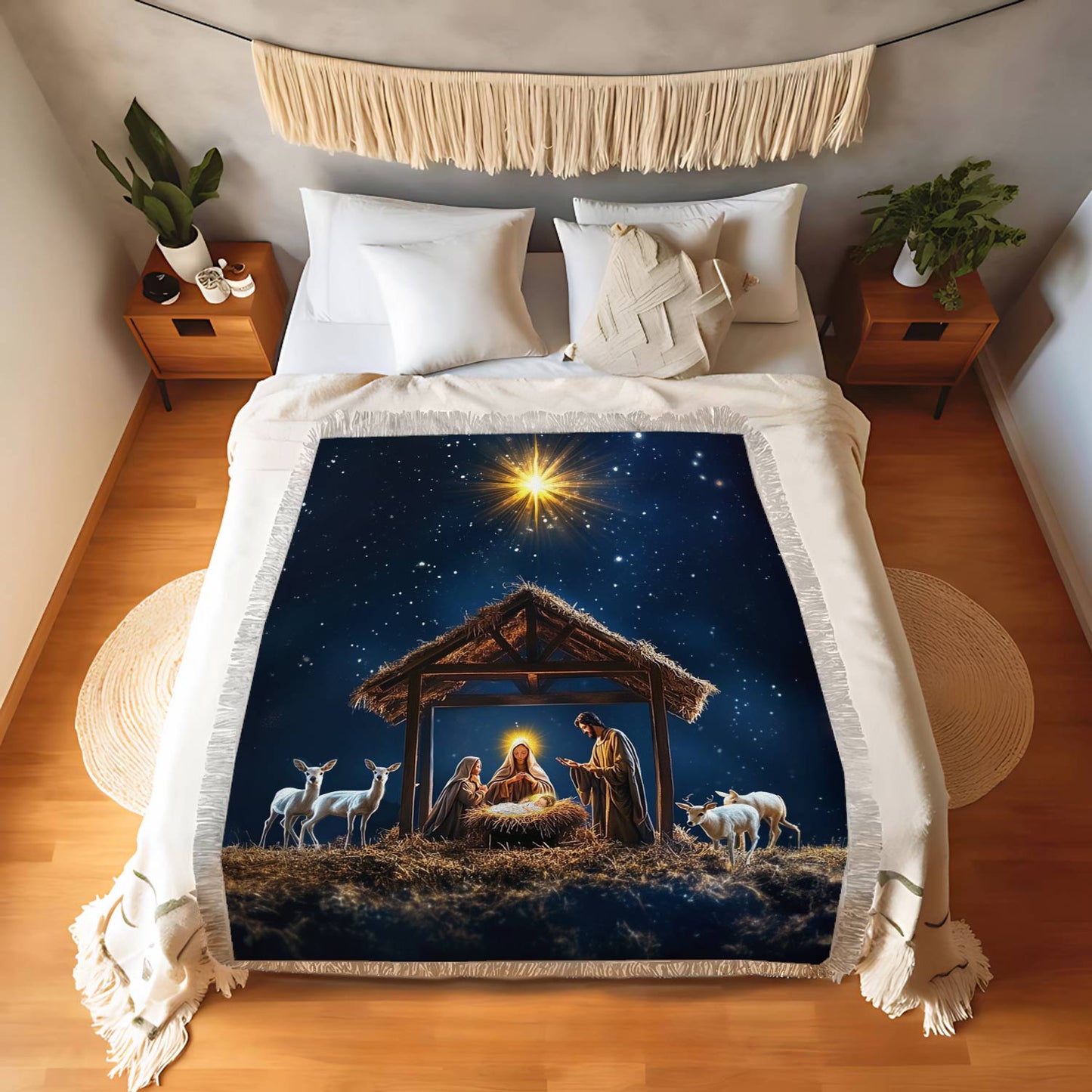 Shineful Woven Tapestry Throw Blanket Holy Night Nativity