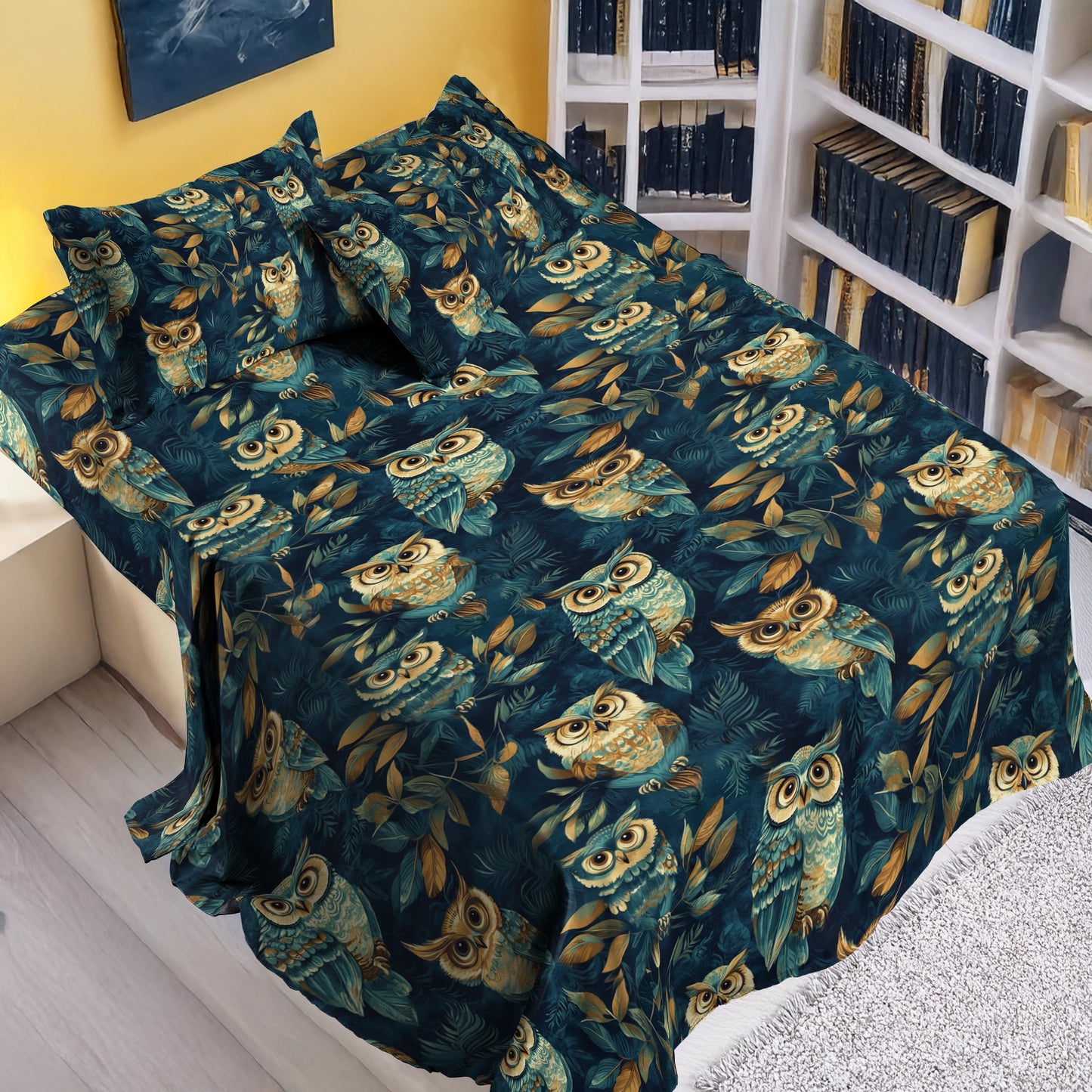 Shineful 4-Piece Bed Sheet Set Nightfall Owl Symphony