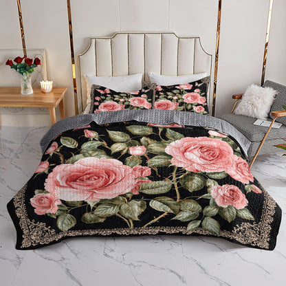 Shineful All Season Quilt 3-Piece Set Elegent Pink Roses And Butterflies