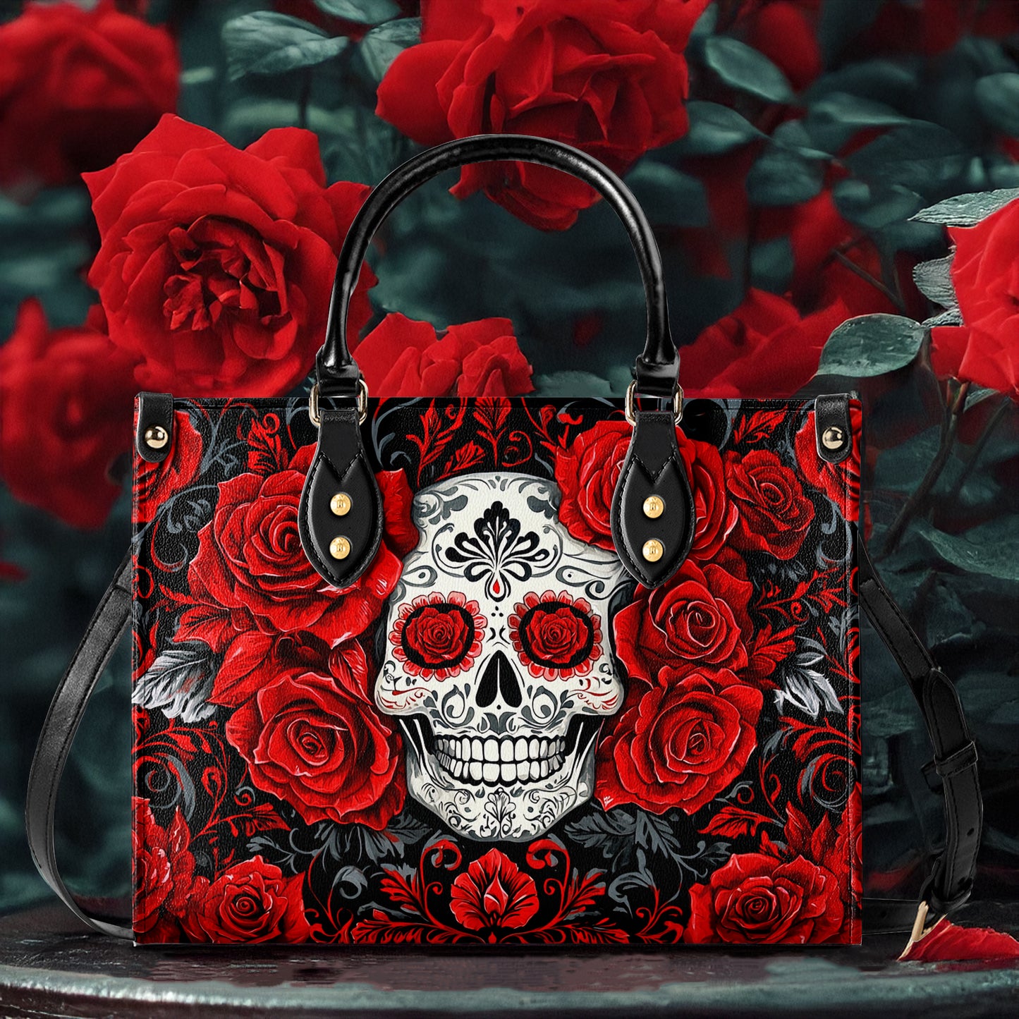 Sac en cuir brillant avec tête de mort et roses rouges élégantes