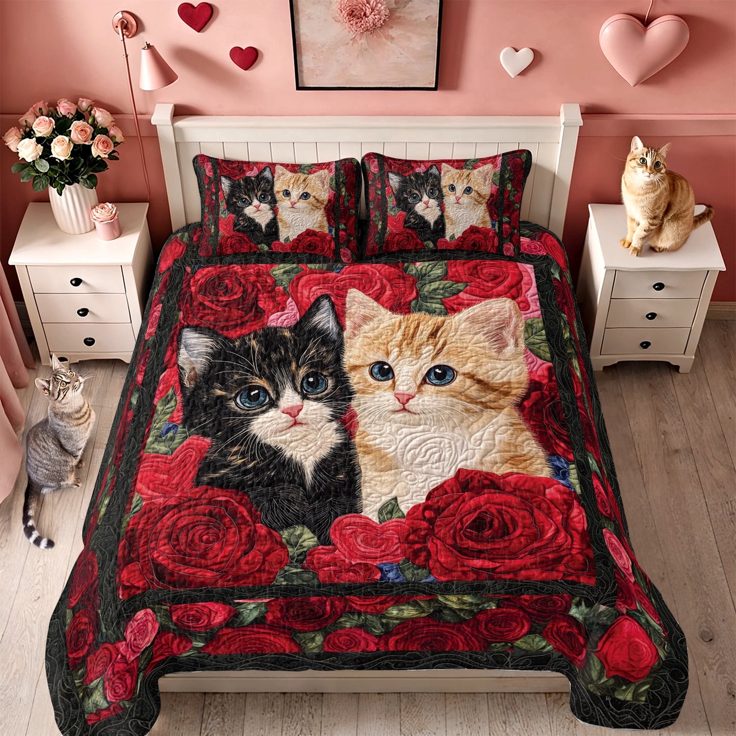 Shineful All Season Quilt 3-Piece Set Cat Purrfect Rose Companions