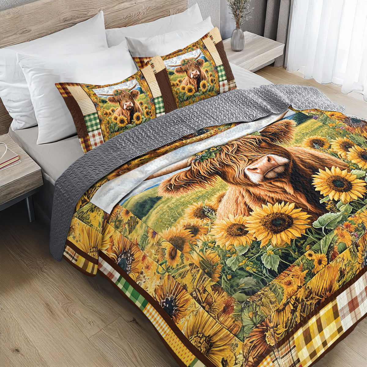 Ensemble de courtepointe toutes saisons Shineful 3 pièces - Couette rustique Highland Cow Farm