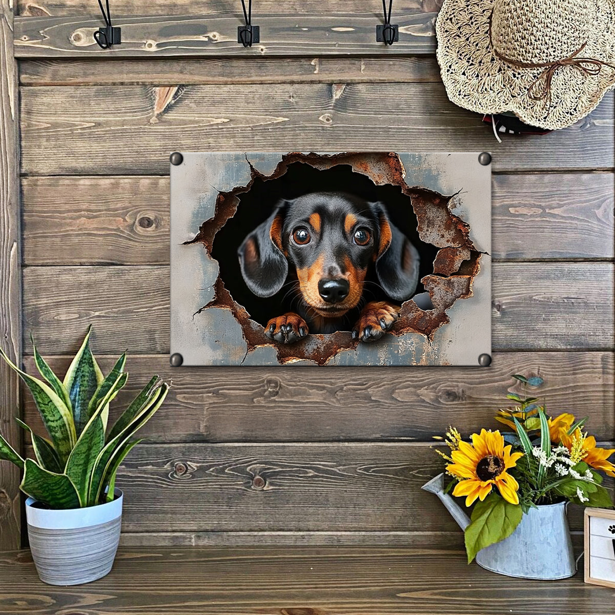 Shineful 2D Metal Sign Cute Peeking Dachshund