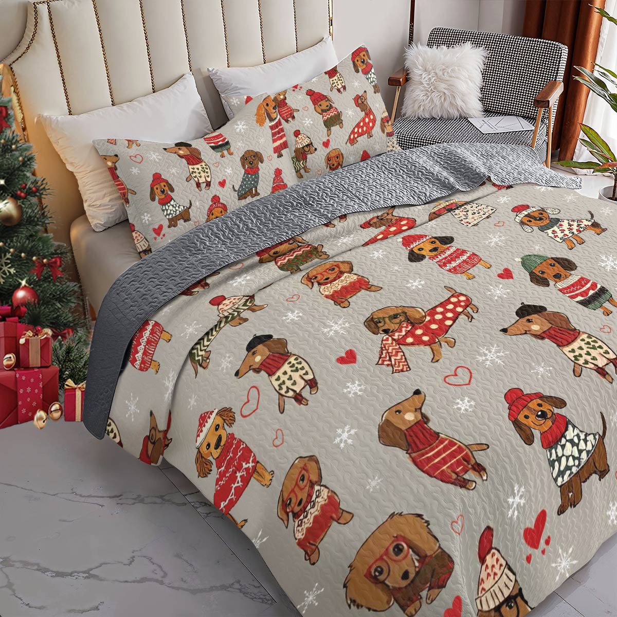 Shineful All Season Quilt 3-Piece Set Dachshunds in Red