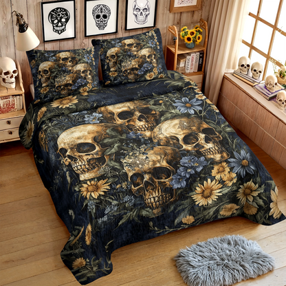 Shineful All Season Quilt 3-Piece Set - Golden Bloom Skull