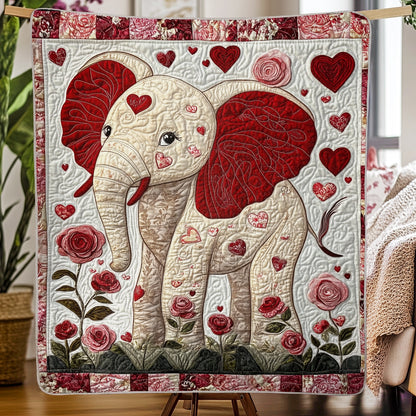 Shineful Flat Print Faux Quilt Blanket - Blissful Elephant of Love and Roses Quilt Artwork