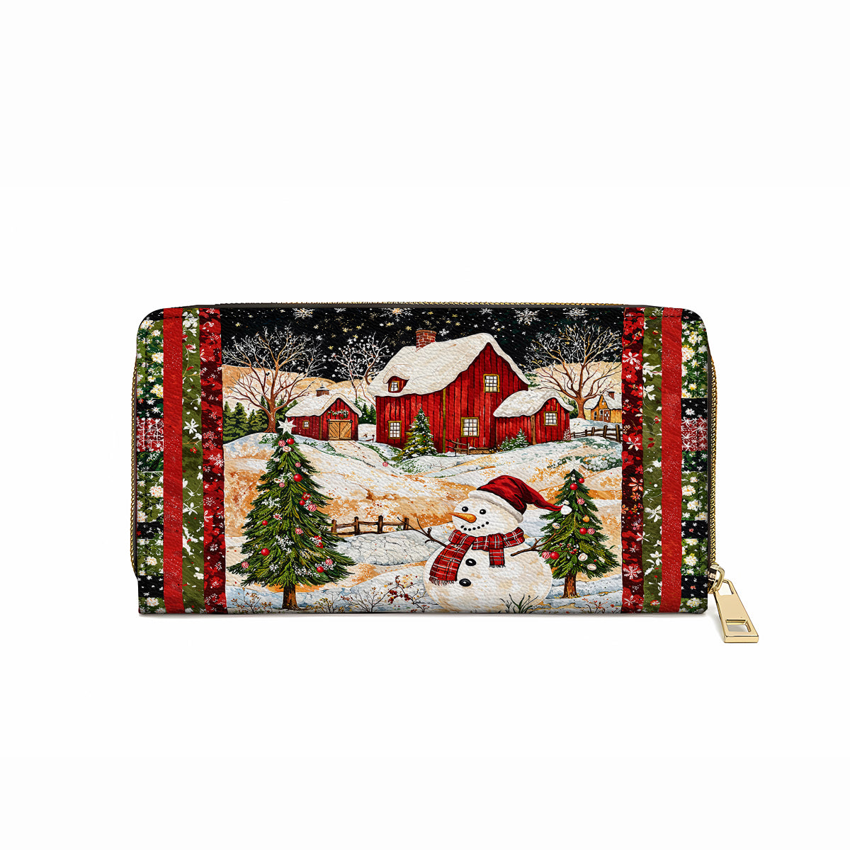 Glänzende Clutch aus Leder mit Trageriemen und Schneemann-Weihnachtstraum