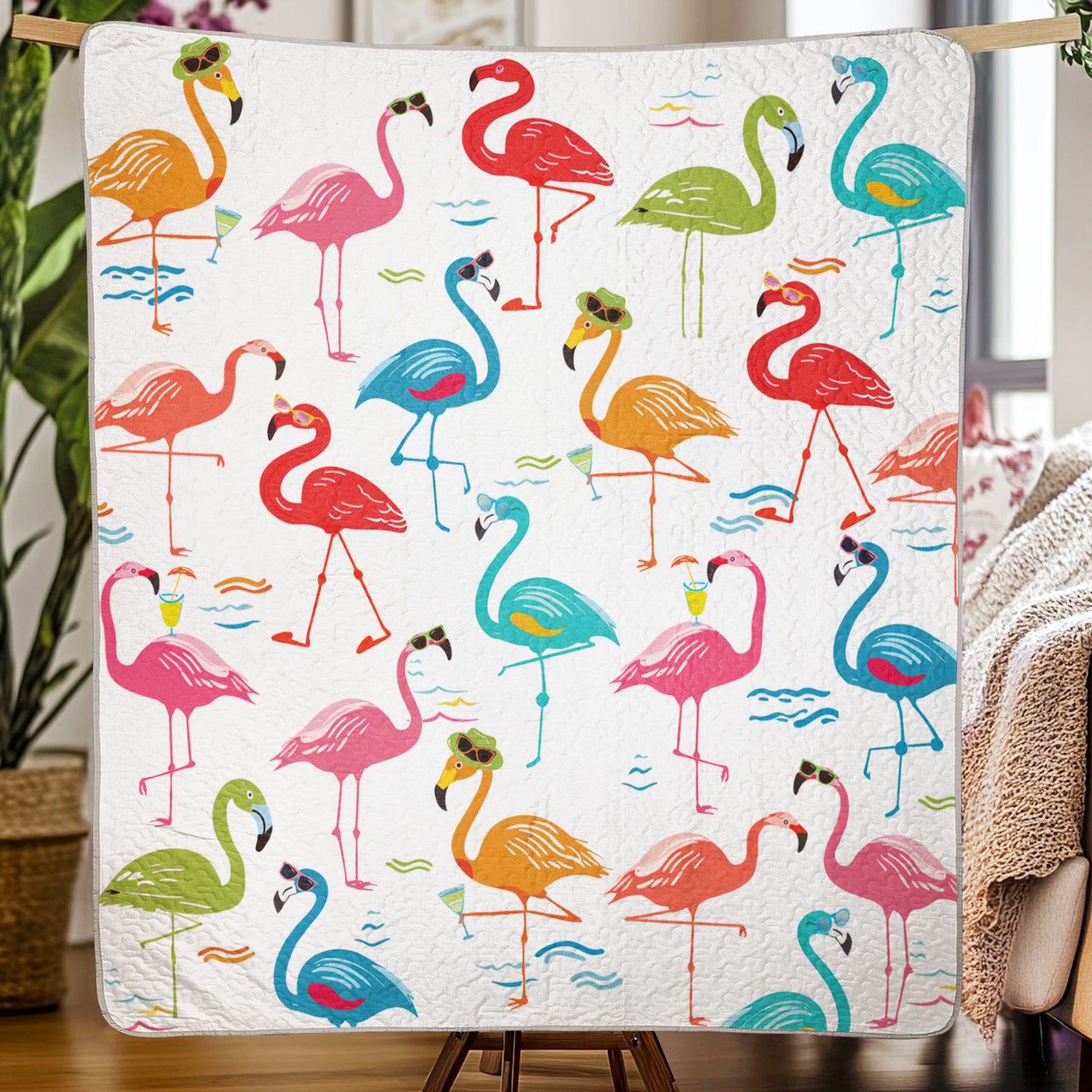 Couverture courtepointe en similicuir à imprimé plat brillant Motif flamant rose fantaisiste