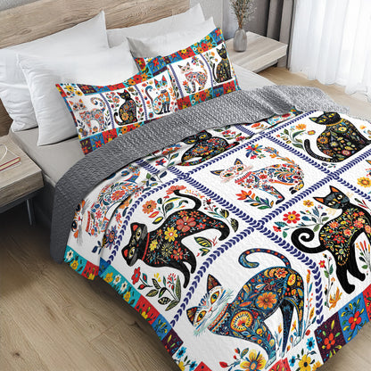 Glänzendes 3-teiliges Quilt-Set für alle Jahreszeiten – Folk Art Feline Quilt